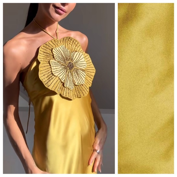 NWT. Zara Olive Green Satin Effect Long Dress with Embossed Flower. Size XS. - Picture 2 of 13